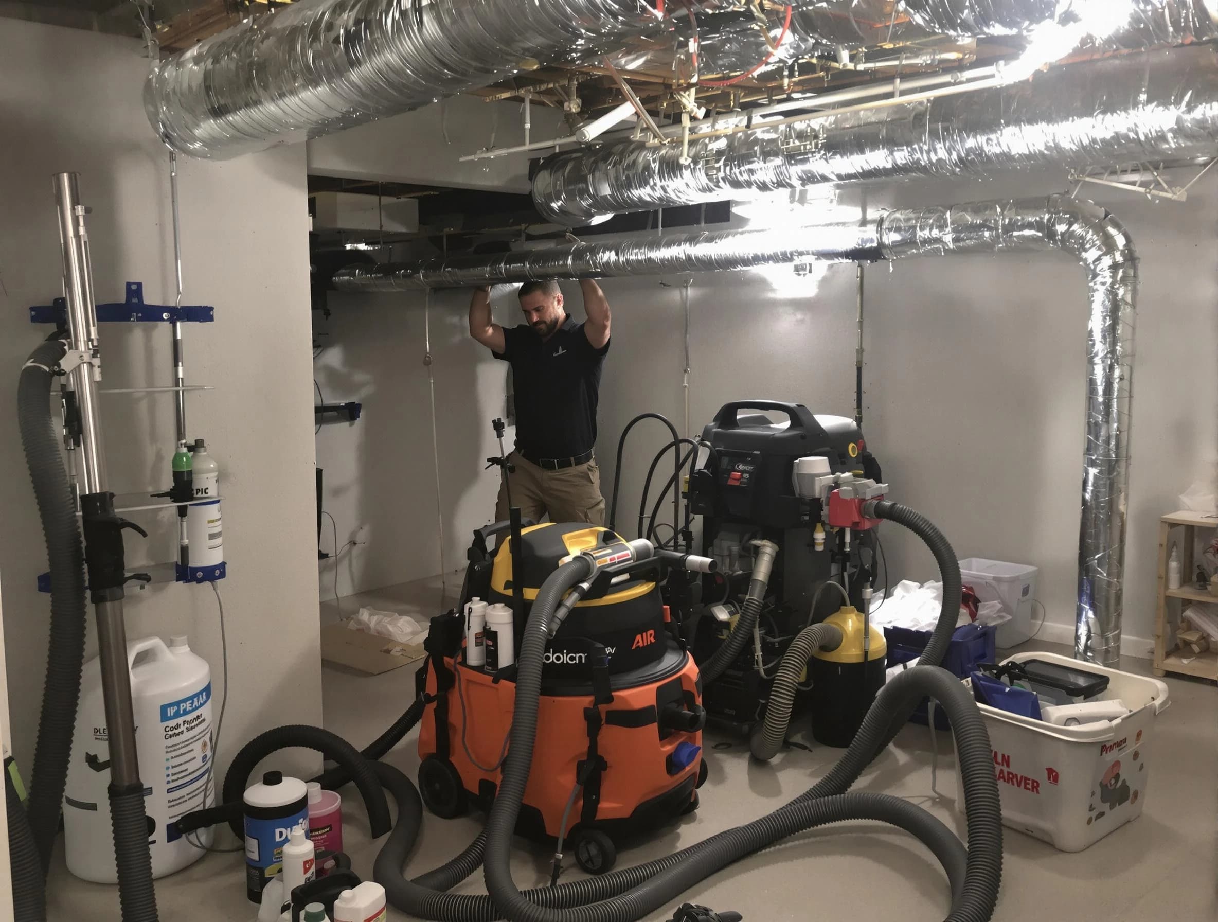 Riverside Air Duct Cleaning specialist performing professional mold removal from air ducts using safety equipment in Riverside