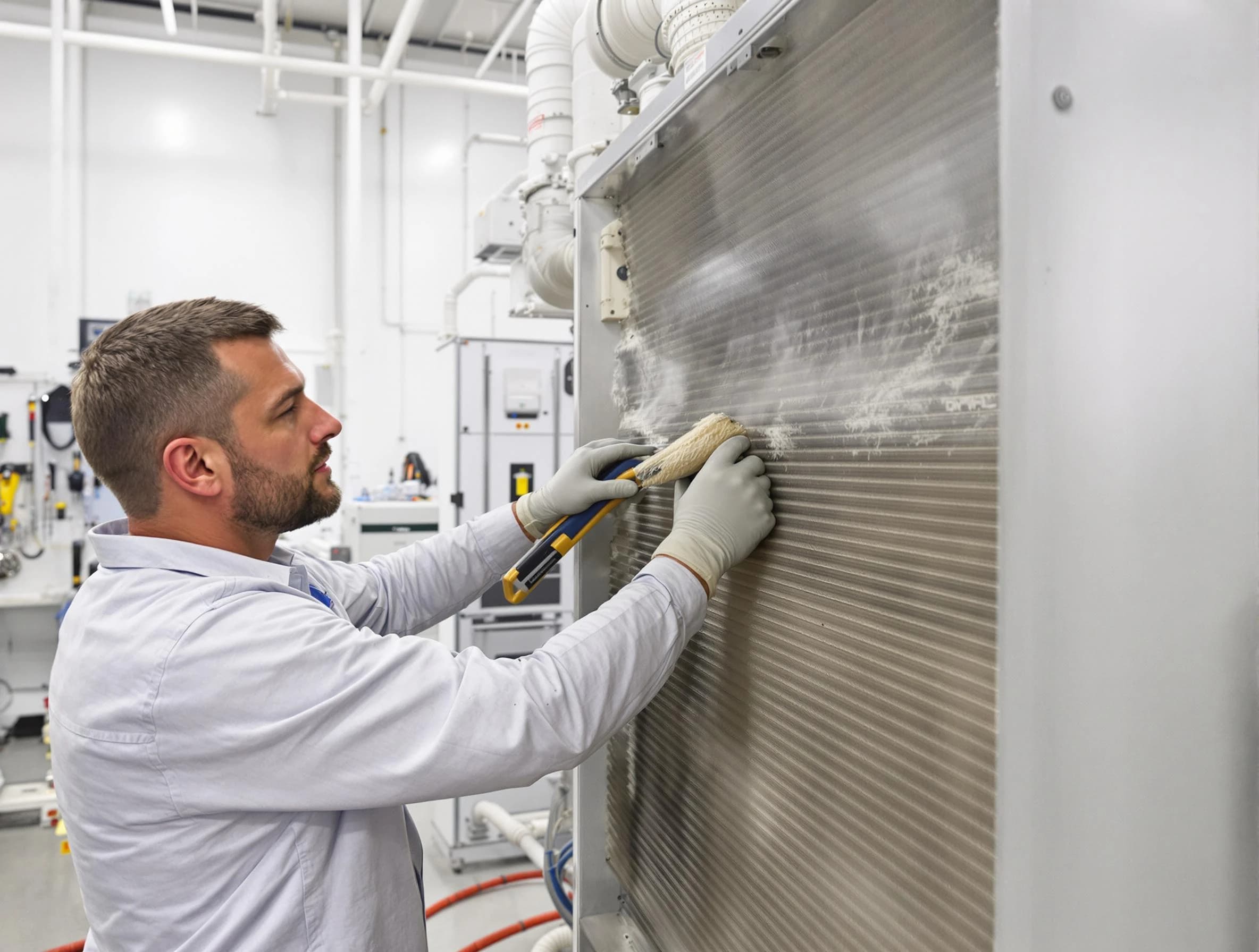 Riverside Air Duct Cleaning technician performing precision commercial coil cleaning at a Riverside business